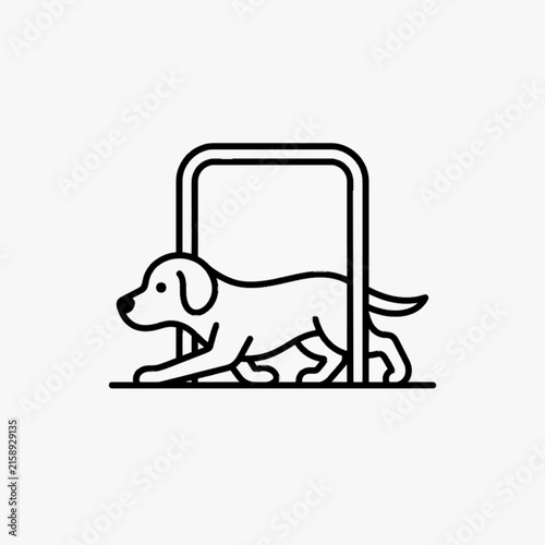 Minimalist black and white line art vector illustration of a small dog or puppy crawling under a metal archway or gate hurdle, showcasing canine agility training and pet obstacle course drills.