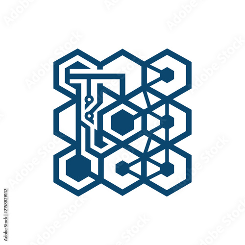 A dark blue geometric pattern with interconnected hexagonal circuit lines