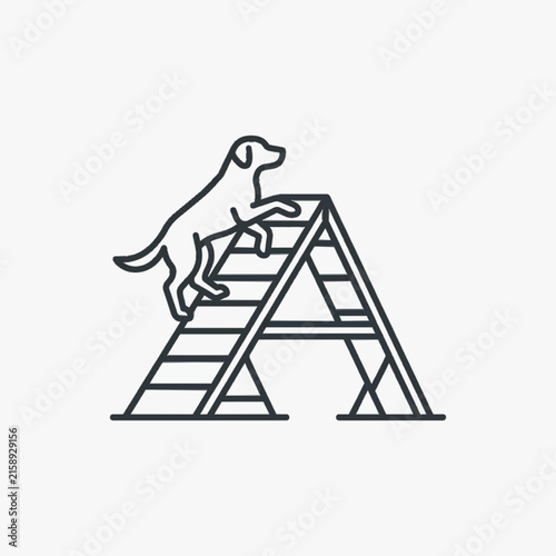 Minimalist vector line art illustration of a pet dog climbing a wooden A-frame agility ramp during an obstacle course training session, featuring clean black strokes on a white background.
