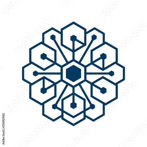 A dark blue geometric pattern with interconnected hexagonal shapes