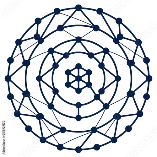 A dark blue geometric pattern with interconnected nodes and lines