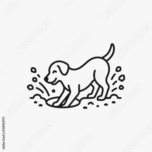 Minimalist black and white line art illustration of a playful puppy digging a hole in the ground with dirt flying, isolated on a white background as a clean vector graphic icon.