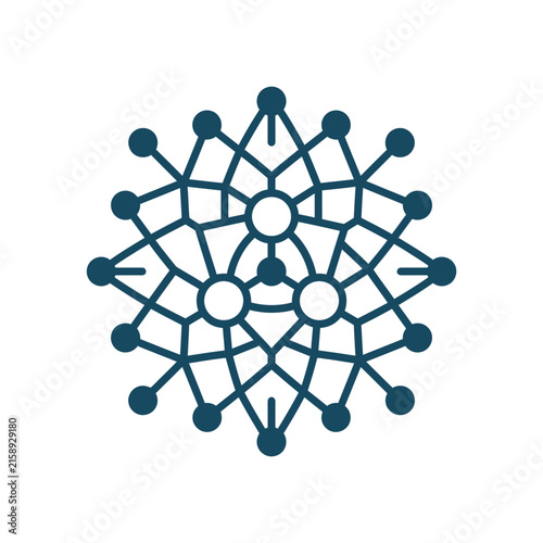 A dark blue geometric pattern with interconnected nodes and lines