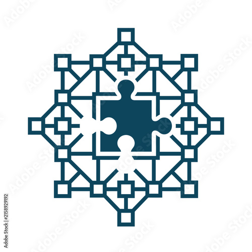 A dark blue geometric puzzle piece icon on white background