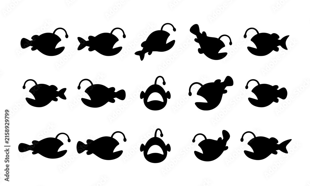 Obraz premium Collection of black silhouettes depicting various anglerfish and deep sea creatures