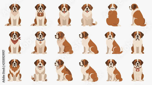 Vector collection of eighteen Saint Bernard dog illustrations showing various poses like sitting, side profile, and back view, including traditional rescue barrels and bandanas.