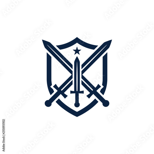 A dark blue heraldic shield icon with three crossed swords