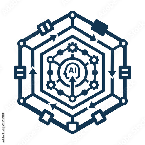 A dark blue hexagonal digital network icon on white background