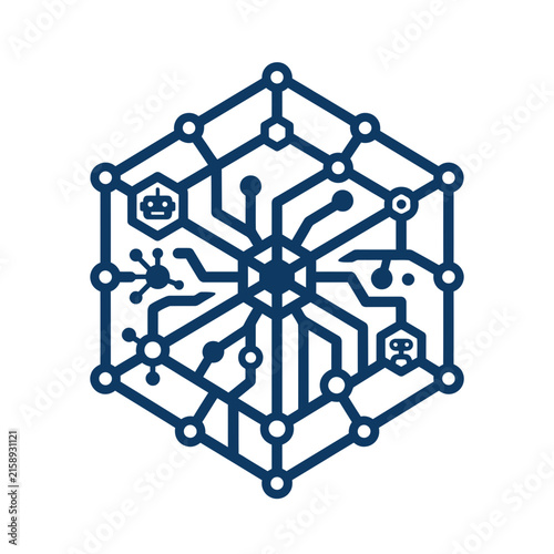 A dark blue hexagonal icon featuring complex digital circuit lines