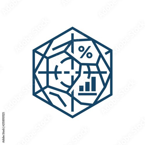 A dark blue hexagonal icon featuring abstract business data symbols
