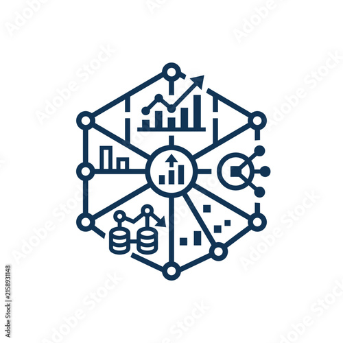A dark blue hexagonal icon representing complex data analysis systems
