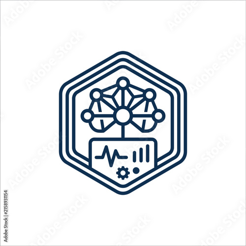 A dark blue hexagonal icon representing digital data analysis