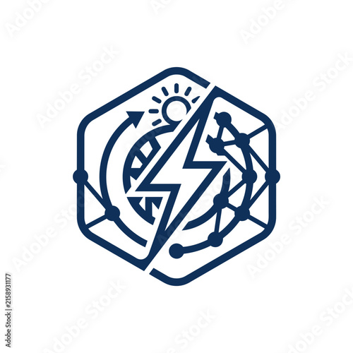 A dark blue hexagonal icon representing energy and digital networks