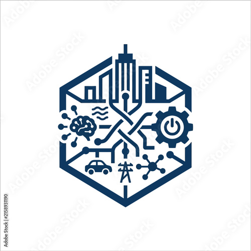 A dark blue hexagonal icon representing modern urban technology systems