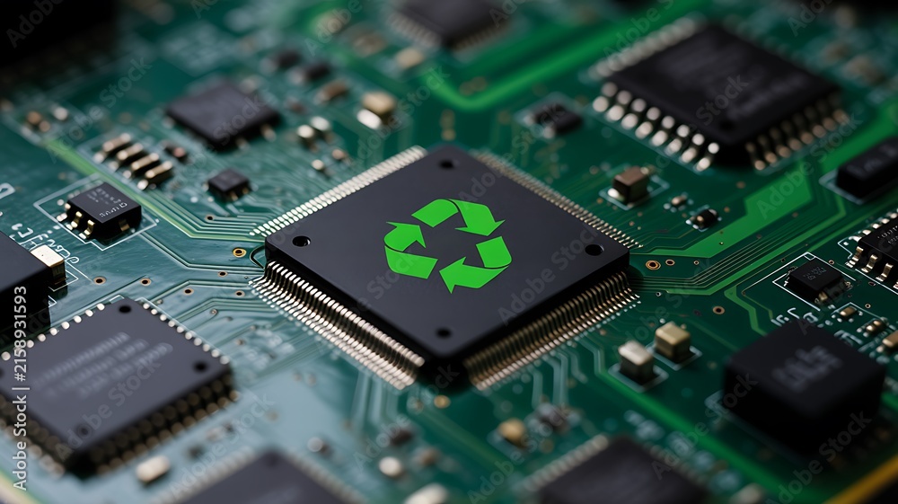 Fototapeta premium Recycling symbol on computer processor chip surrounded by electronic circuit components