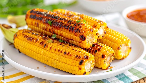 Grilled corn on the cob with chili spice and herbs on white plate. Charred roasted corn cobs, tasty barbecue side dish. Bright food photo.
