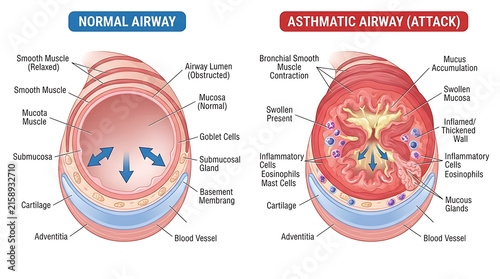 Fotografía Anatomical Comparison of a Normal Bronchial Airway and an Asthmatic Airway durin