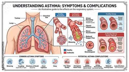 Canvas Print Medical illustration of the human respiratory system explaining asthma symptoms,