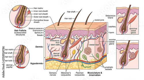 Cuadro en lienzo Detailed anatomical illustration of the human skin layers and hair follicle stru