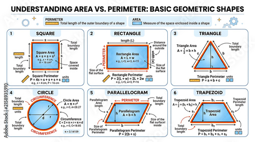 Obraz na płótnie Educational Diagram Explaining How to Calculate Area and Perimeter for Basic Geo