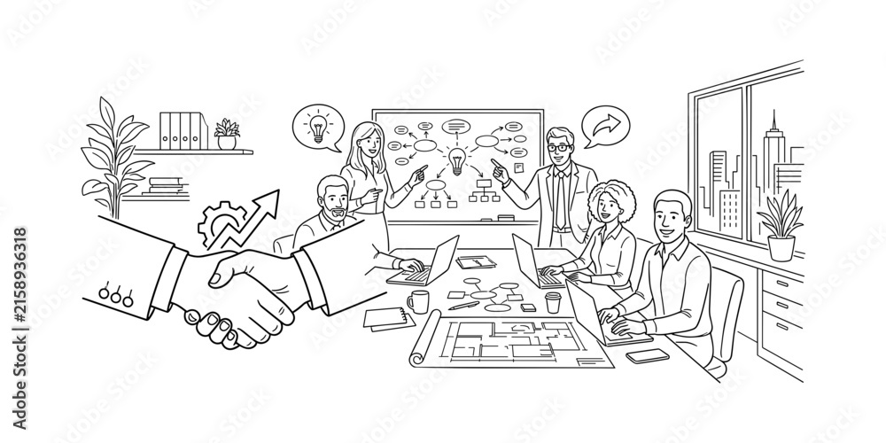 Fototapeta premium Business strategy team meeting planning handshake brainstorm whiteboard presentation office partnership vector line art illustration.