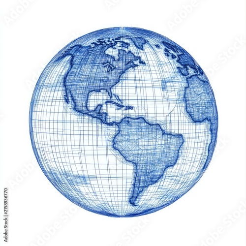 The image depicts a digital, wireframe representation of a globe, emphasizing the continents of North and South America prominently