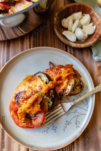 Canvastavla Plated serving of baked french ratatouille with tomato sauce eggplant and garlic
