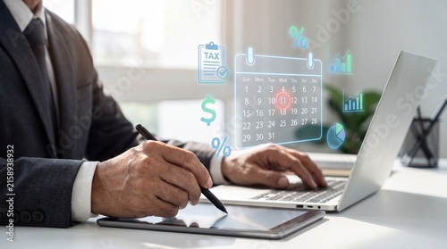 Professional manages digital tax planning with holographic calendar and financial charts