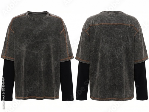 Front and Back View of a Double-Layered Oversized T-Shirt with Grey Acid Wash and Black Long Sleeves, Isolated on White Background