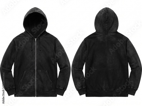 Black Vintage Zip-Up Hoodie Mockup with Front and Back View on White Background