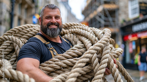 A ropemaker coils heavy line on a rain soaked cobblestone alley in a wide establishing shot, the working class street behind him showing scaffolded facades and a closing independent shop, the scene 