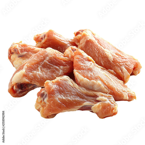 The image depicts several raw chicken drumsticks arranged on a clean, white surface. The pieces are unseasoned, with a pinkish hue and some visible fat and bone structures
