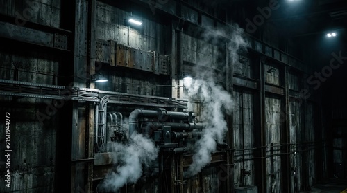 Dark industrial background with old metallic wall pipes and smoke