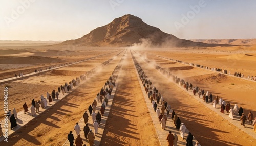 Mass movement flow on desert pathway: aerial shot showing pilgrims walking toward mountain
