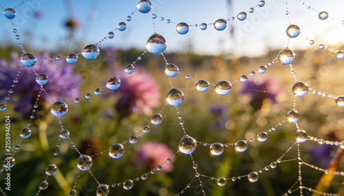 Morning dew drops clinging to spider web strands in wildflower meadow