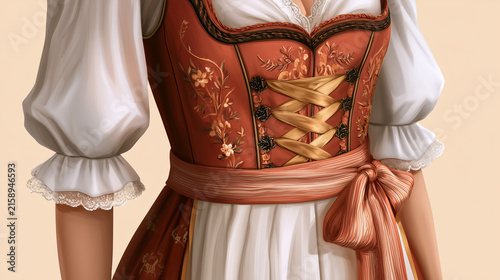 Traditional German dirndl dress with intricate detailing and ribbons  