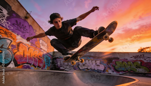 Skater performing trick in urban skate park, graffiti walls. Mid-air action, dynamic angle