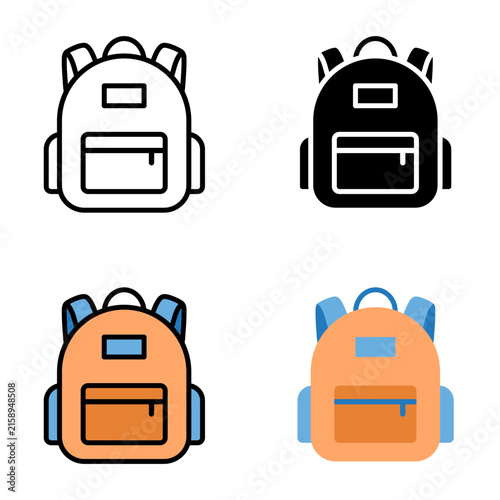 Back to school backpack vector icon set featuring flat, outline, and silhouette styles for student education and travel bag graphics.