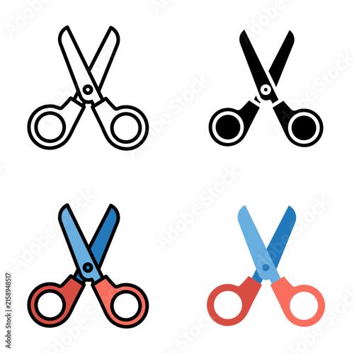 Back to school scissors icon set featuring flat and outline vector illustrations for education and craft design.
