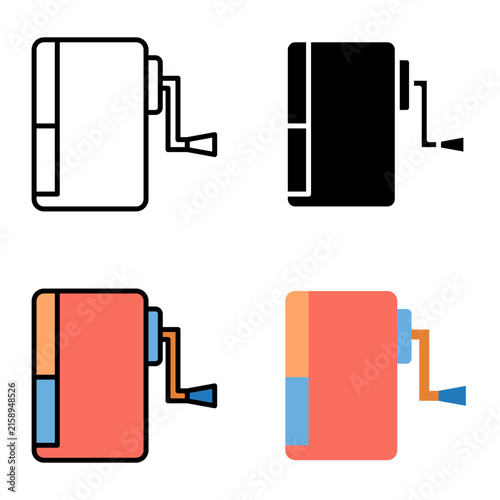 Back to school mechanical pencil sharpener icon set featuring four vector styles including flat and outline designs for classroom and office supplies.