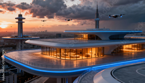 Futuristic city skyline highlighting aerial platforms and fastmoving transportation networks