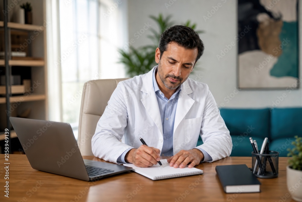 Fototapeta premium Professional doctor in white lab coat writing medical notes on clipboard beside laptop in bright modern office with natural light