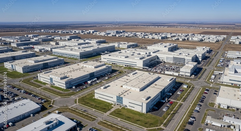 Fototapeta premium Expansive industrial complex with modern warehouses and logistics facilities under a clear blue sky