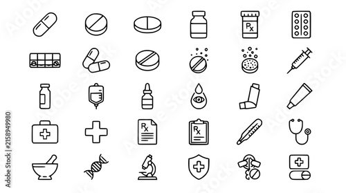Obraz na plátne Medical Healthcare and Pharmacy Medication Line Icon Set Featuring Pills Capsule
