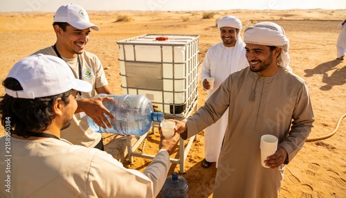 Water barrel distribution station: volunteers filling cups for pilgrims under desert sun