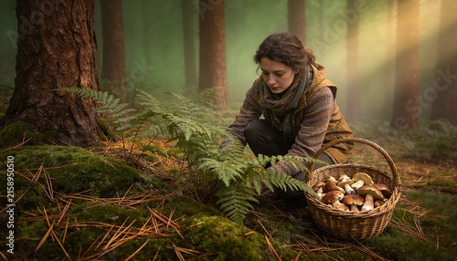 Forager kneeling to gather wild mushrooms into a wicker basket on a misty mossy forest floor at dawn