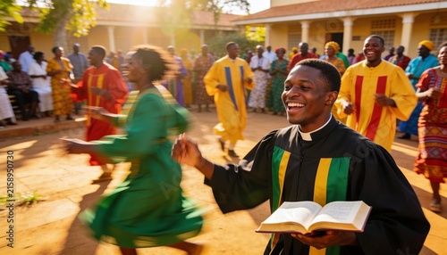 Young African pastor dancing joyfully with gospel book before laughing congregation