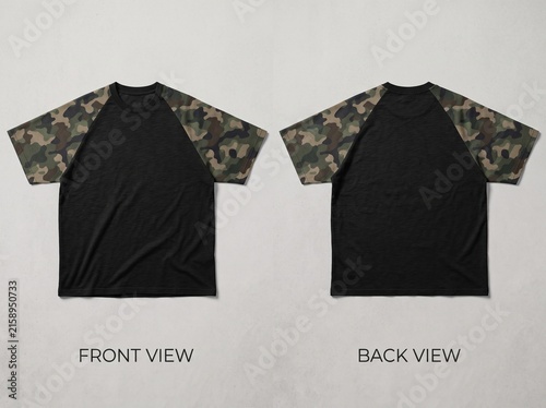 Front and Back View Mockup of a Black Raglan T-Shirt with Camouflage Sleeves on a Neutral Background