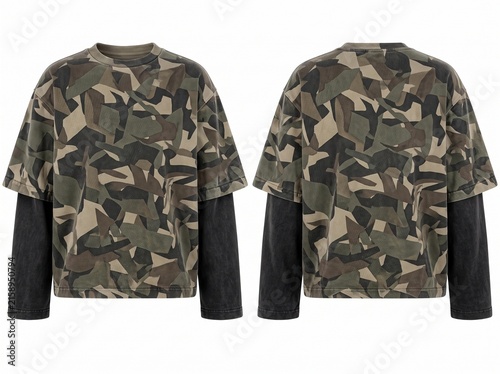 Front and back view of a camouflage layered t-shirt on white background