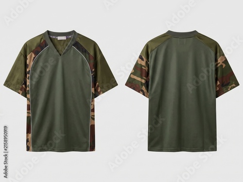 Front and back view of olive green mesh sports jersey with camouflage sleeves, apparel mockup isolated on white.